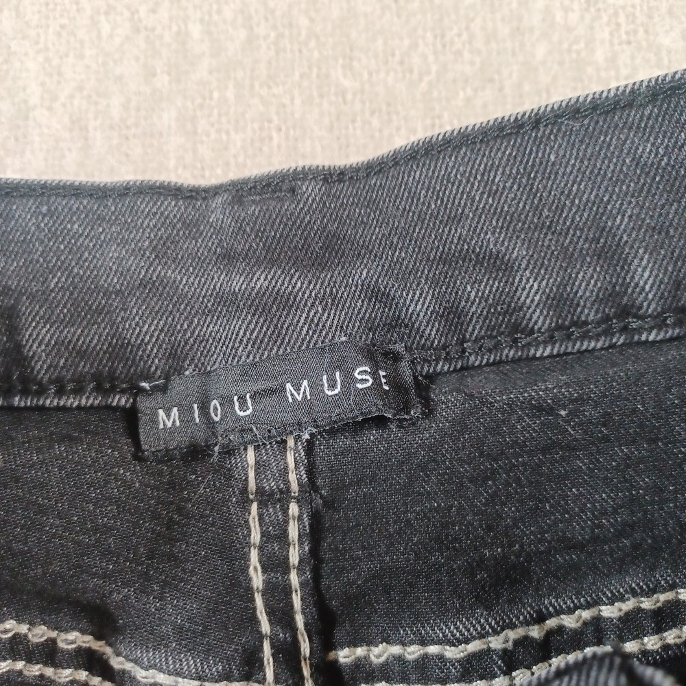 Miou Muse Black Stretch Denim‎ Cropped Rolled Hem Straight Leg Jeans Small - Picture 5 of 10